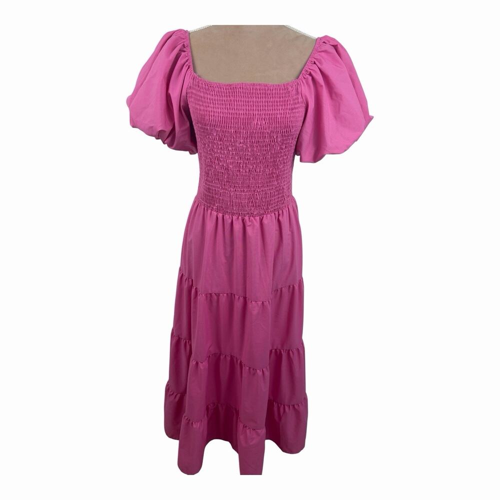 PrettyGarden Womens XL Pink Smocked Puff Sleeve Tiered Midi Dress Cottagecore